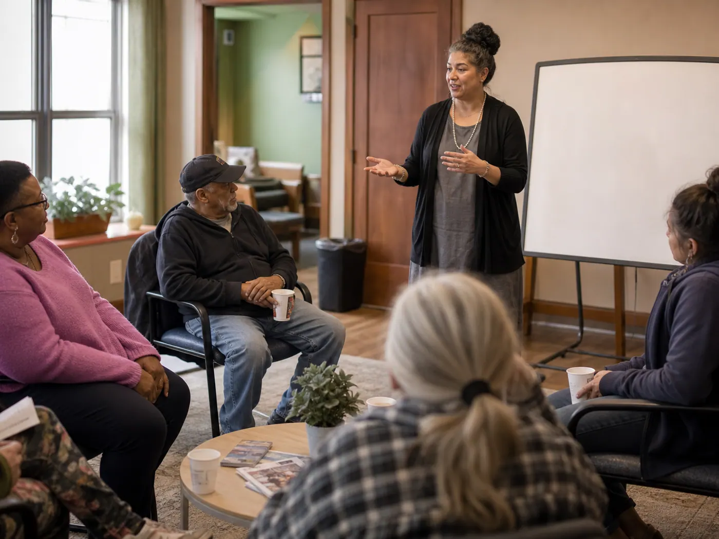 Adults participating in a calm resource workshop with a staff facilitator